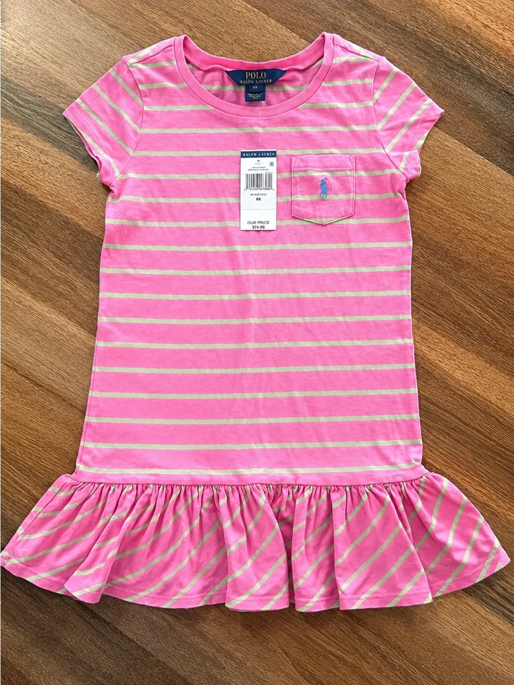 Polo Ralph Lauren Girls Pink Striped Ruffle Hem Pocket Dress NWT Size 6X - Picture 1 of 4